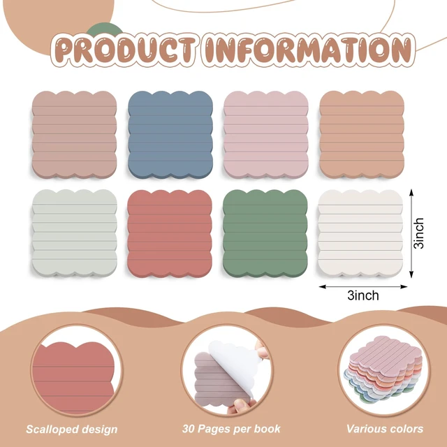 Alt view image 2 of 6 - 8 Pack Scalloped Sticky Notes Lined, 3" X 3", Vintage Color Aesthetic Cute Wavy Edges, Self-stick for School Office Desk, 240 Sheets Bulk, Pretty Design for Reminders Planning