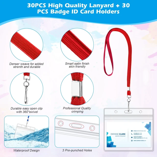 Alt view image 3 of 7 - 30Pcs Horizontal Name Tags Badge ID Card Holders and 30Pcs Red Lanyards Clear Plastic ID Badge Holders with Flat Neck Lanyards with Swivel Hook