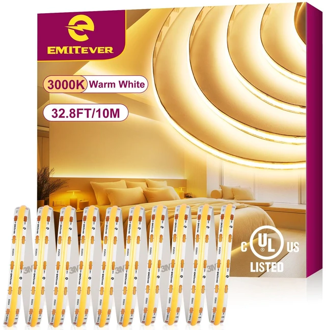 Main image of 24V COB LED Strip Lights 3000K,32.8ft 4800LEDs,UL Listed Ra 90+,IP30,3W/ft,305+Lumens/ft, (Power Supply Sold Separately)for bedroom,living room,kitchen