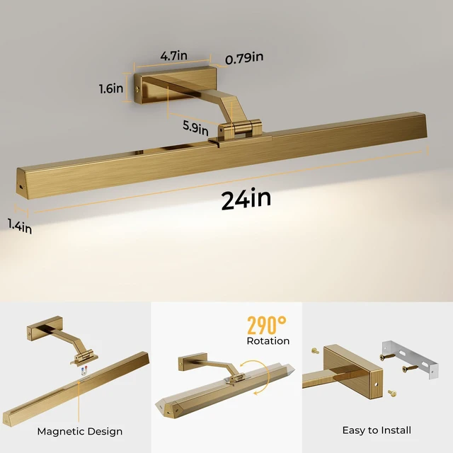 Alt view image 6 of 7 - Picture Lights for Wall, Brass Battery Operated Picture Light 24in Art Light CCT Dimmable Recharging Battery Wall Light with Remote Control for Living Room Gallery