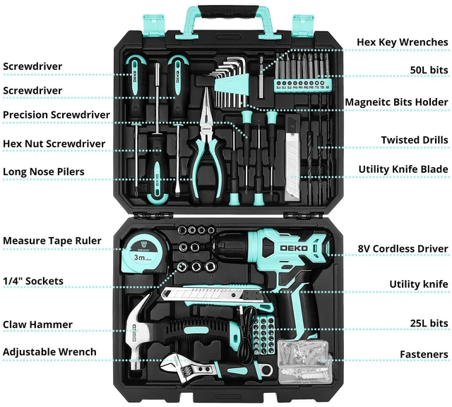 Alt view image 2 of 6 - Drill Set: Tool Set with 8V Cordless Drill, Home Tool Kit with Drill, Hand Tool Kits for Women 126 Piece, Turquoise