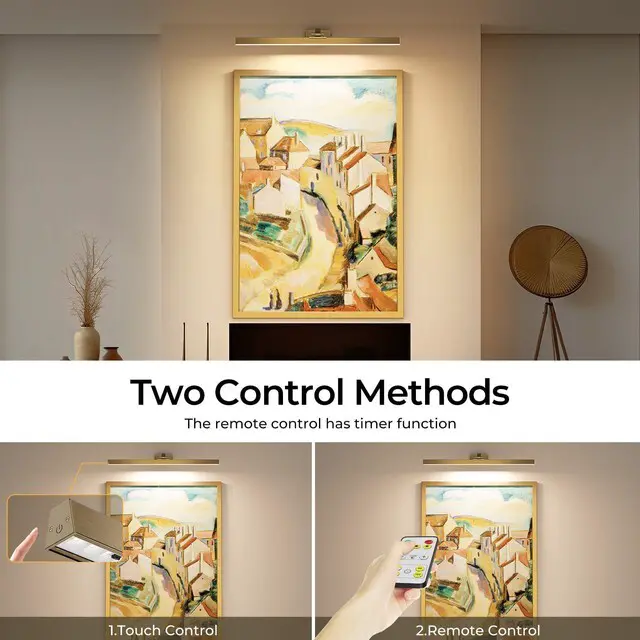 Alt view image 7 of 7 - Picture Lights for Wall, Brass Battery Operated Picture Light 24in Art Light CCT Dimmable Recharging Battery Wall Light with Remote Control for Living Room Gallery