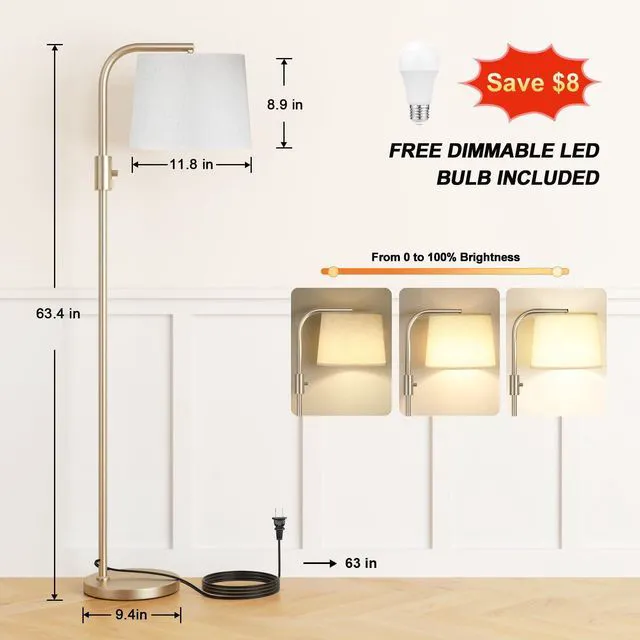 Alt view image 2 of 7 - Fully Dimmable Floor Lamp with 9W LED Bulb, Standing Lamp for Living Room with Adjustable Head, Modern Tall Light with Rotary Switch for Office, Light Gold and Beige