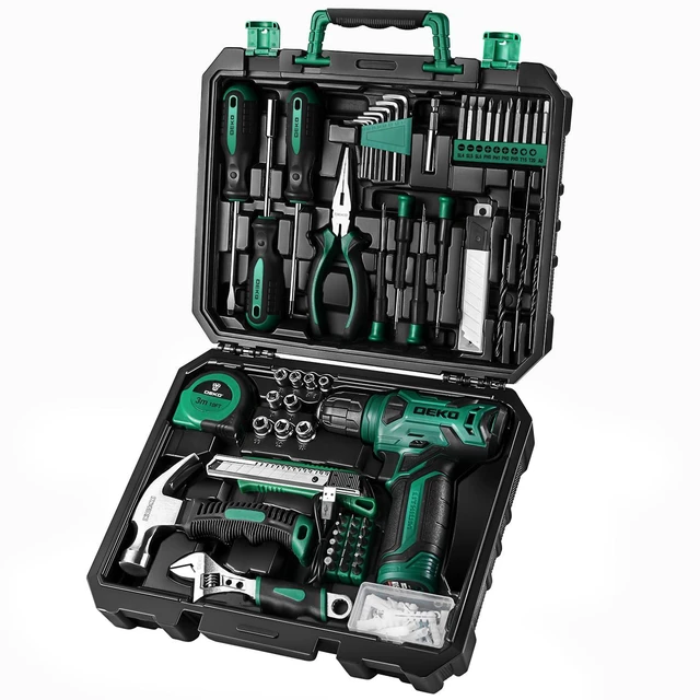 Main image of Tool Kit: 8V Cordless Drill, Home Toolbox with storage case, Hand Tool set for Home Repairs 126 Piece, Green