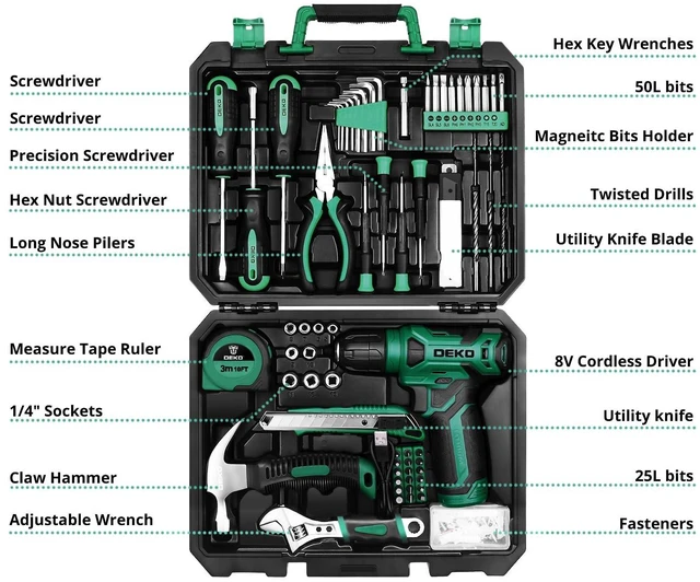 Alt view image 2 of 6 - Tool Kit: 8V Cordless Drill, Home Toolbox with storage case, Hand Tool set for Home Repairs 126 Piece, Green