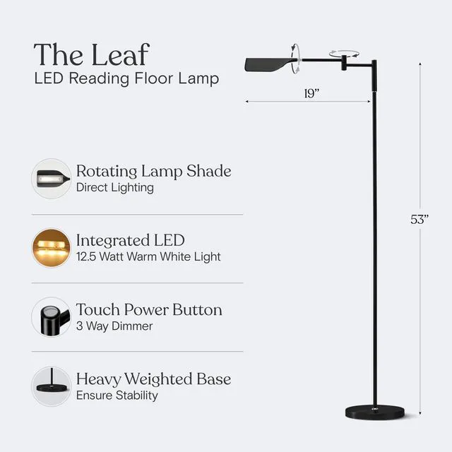 Alt view image 3 of 7 - Leaf Pharmacy LED Reading Lamp, Dimmable Floor Lamp with Easy Rotation Over Chair or Desk for Living Rooms & Offices, Adjustable Standing Lamp, Tall Lamp for Sewing & Craftwork - Jet Black