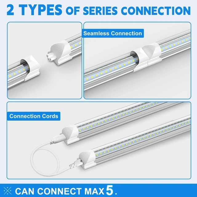 Alt view image 4 of 7 - (4-Pack) LED Shop Lights, 6FT 60W 8000LM, 6000K V-Shape Linkable LED Tube Ceiling Light, T8 Integrated Utility Shop Light Fixture for Garage Basement Office, Plug and Play, ETL Listed