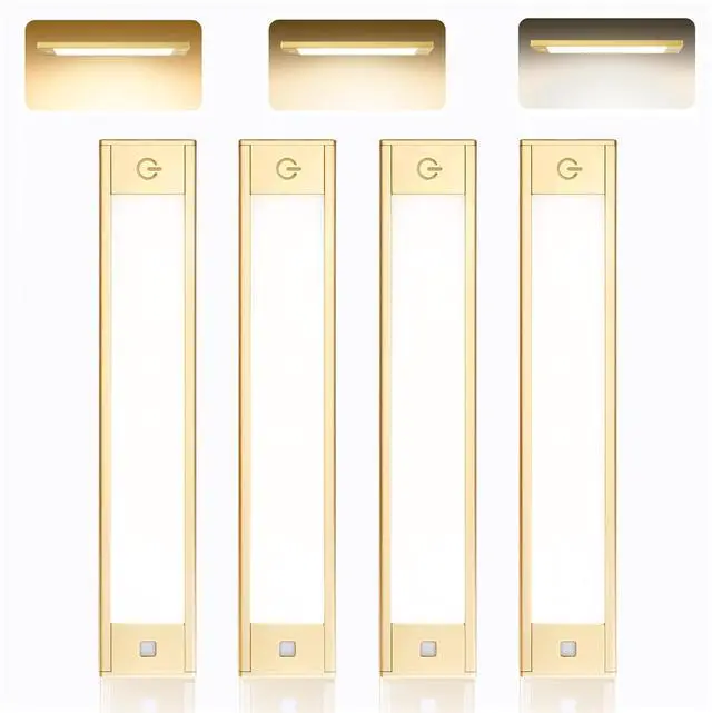 Main image of Motion Sensor Cabinet Light, Rechargeable, Dimmable, 4Pcs, 9in Gold aluminum, magnetic wireless, 1800mAh, 3 color temps & dimmable, ideal for kitchen, closet, shelf & stair