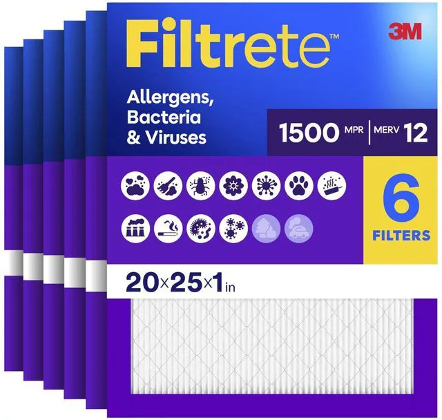 Main image of 20x25x1 Air Filter, MERV 12, MPR 1500, Allergens, Bacteria & Viruses, 3-Month AC and Furnace Filters, Cleaner Air, Reliable Airflow, 6 HVAC Filters (Actual Size 19.62 x 24.62 x 0.78 in)