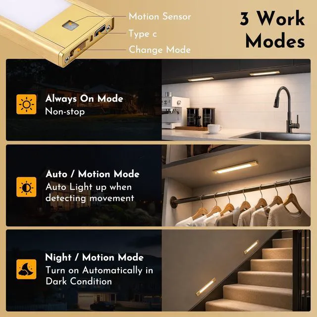 Alt view image 3 of 7 - Motion Sensor Cabinet Light, Rechargeable, Dimmable, 4Pcs, 9in Gold aluminum, magnetic wireless, 1800mAh, 3 color temps & dimmable, ideal for kitchen, closet, shelf & stair