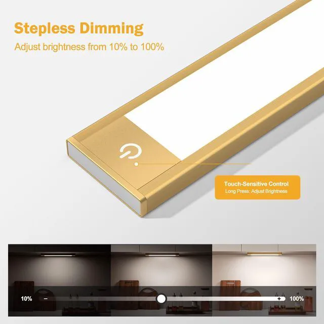 Alt view image 5 of 7 - Motion Sensor Cabinet Light, Rechargeable, Dimmable, 4Pcs, 9in Gold aluminum, magnetic wireless, 1800mAh, 3 color temps & dimmable, ideal for kitchen, closet, shelf & stair