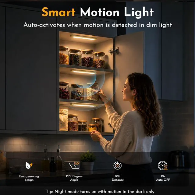 Alt view image 2 of 7 - Motion Sensor Cabinet Light, Rechargeable, Dimmable, 4Pcs, 9in Gold aluminum, magnetic wireless, 1800mAh, 3 color temps & dimmable, ideal for kitchen, closet, shelf & stair