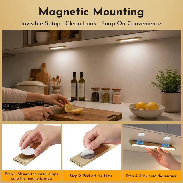 Alt view image 6 of 7 - Motion Sensor Cabinet Light, Rechargeable, Dimmable, 4Pcs, 9in Gold aluminum, magnetic wireless, 1800mAh, 3 color temps & dimmable, ideal for kitchen, closet, shelf & stair