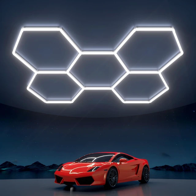 Main image of Hexagon Garage Lights: 168W 5 Grids LED Garage Lights - Easy Install 6500K Super Bright Honeycomb Light for Workshop Warehouse Car Detailing Shop Exhibition Hall Gym
