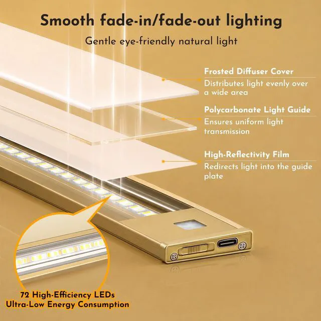 Alt view image 7 of 7 - Motion Sensor Cabinet Light, Rechargeable, Dimmable, 4Pcs, 9in Gold aluminum, magnetic wireless, 1800mAh, 3 color temps & dimmable, ideal for kitchen, closet, shelf & stair