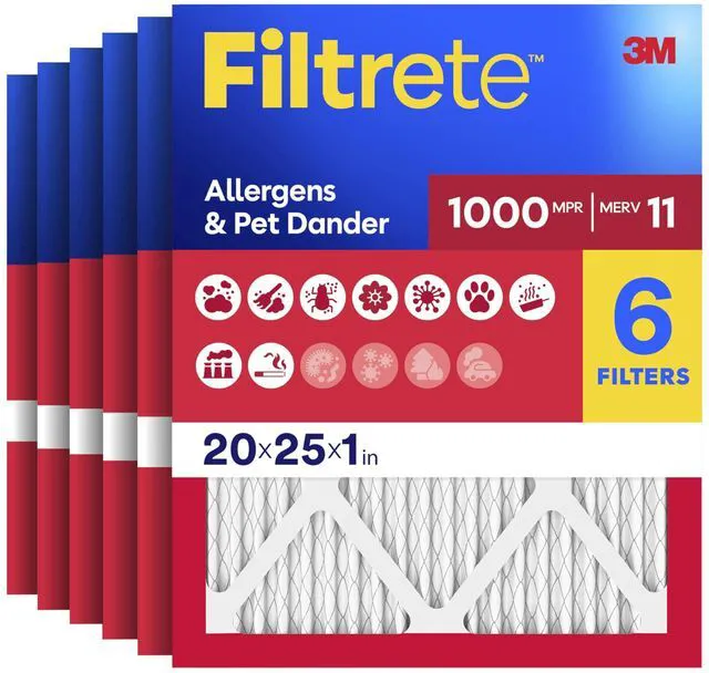 Main image of 20x25x1 Air Filter, MERV 11, MPR 1000, Allergens and Pet Dander, 3-Month AC and Furnace Filters, Cleaner Air, Reliable Airflow, 6 HVAC Filters, Actual Size 19.68 x 24.68 x 0.81"