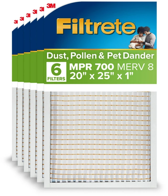 Main image of 20x25x1 AC Furnace Air Filter, MPR 700, MERV 8, Tough on Pollen, Easy on Airflow, 3-Month Pleated 1-Inch Electrostatic Air Cleaning Filter, 6-Pack (Actual Size 19.69 x 24.69 x 0.81 in)