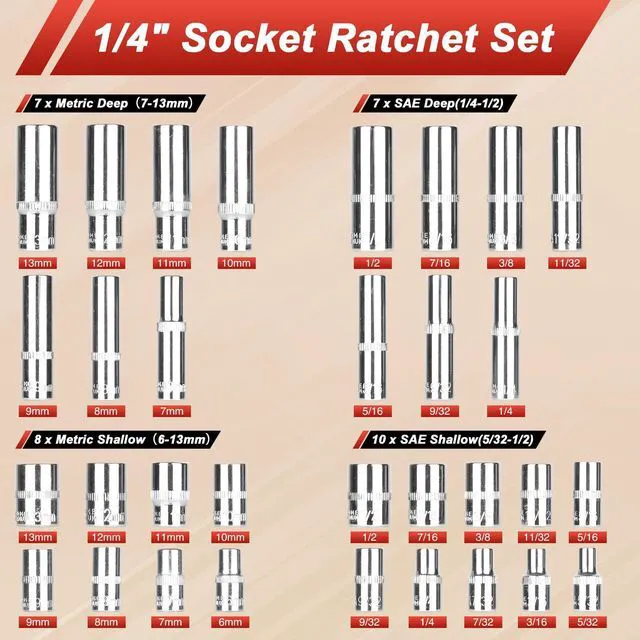 Alt view image 3 of 7 - 117 Pieces 1/4 & 3/8 inch Drive Socket Ratchet Wrench Set, Metric/SAE Size, with Bit Socket Set and Extension Bar for Auto Repairing and Household, with Storage Case
