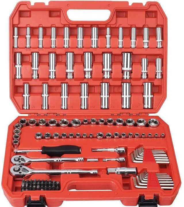 Main image of 117 Pieces 1/4 & 3/8 inch Drive Socket Ratchet Wrench Set, Metric/SAE Size, with Bit Socket Set and Extension Bar for Auto Repairing and Household, with Storage Case