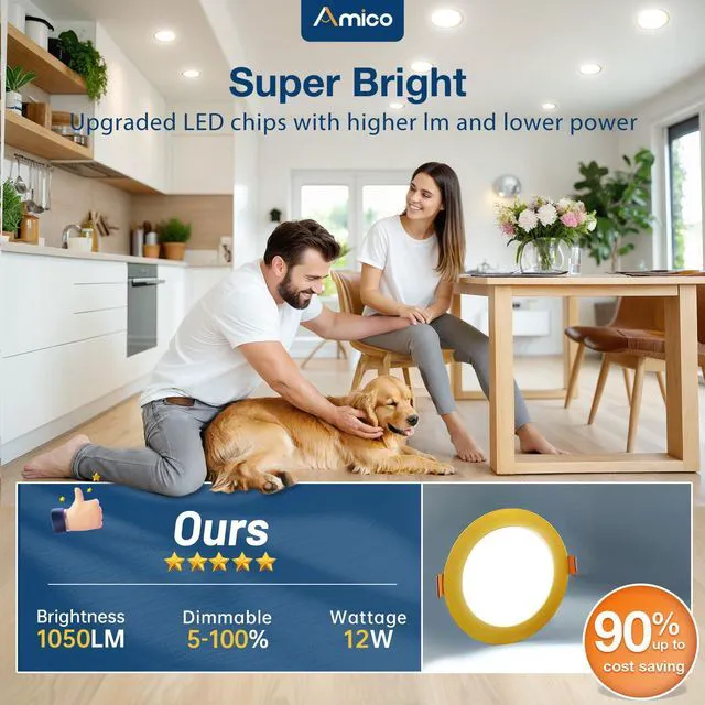 Alt view image 3 of 7 - 12 Pack 6 Inch Ultra-Thin LED Recessed Ceiling Lights Gold Finish Metal 5CCT 2700K-5000K Dimmable Canless Wafer Downlight with Junction Box, Damp Location, IC Rated, ETL&FCC