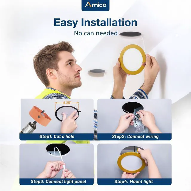 Alt view image 6 of 7 - 12 Pack 6 Inch Ultra-Thin LED Recessed Ceiling Lights Gold Finish Metal 5CCT 2700K-5000K Dimmable Canless Wafer Downlight with Junction Box, Damp Location, IC Rated, ETL&FCC
