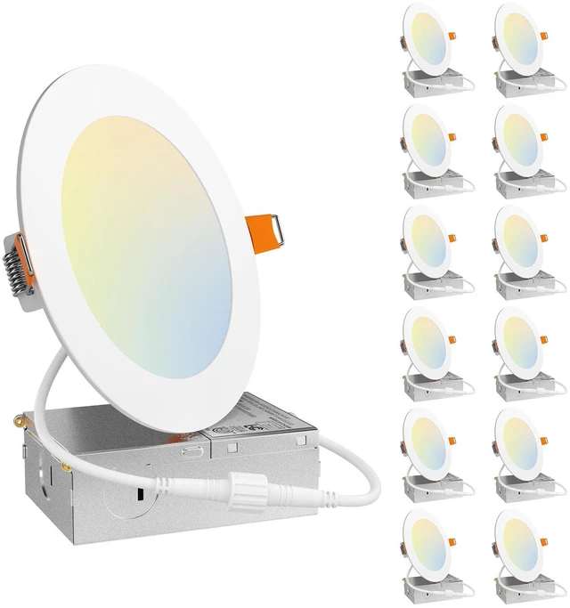 Main image of 12 Pack 5 Inch LED Recessed Lighting, Canless Wafer Downlight, White 5CCT 2700K-5000K, 5%-100% Dimmable, Ultra-thin, Metal housing, 900LM 11W 120V, IC & Damp Rated, ETL & FCC, 50000h Life Span