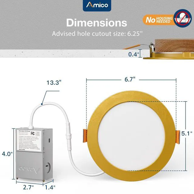 Alt view image 7 of 7 - 12 Pack 6 Inch Ultra-Thin LED Recessed Ceiling Lights Gold Finish Metal 5CCT 2700K-5000K Dimmable Canless Wafer Downlight with Junction Box, Damp Location, IC Rated, ETL&FCC