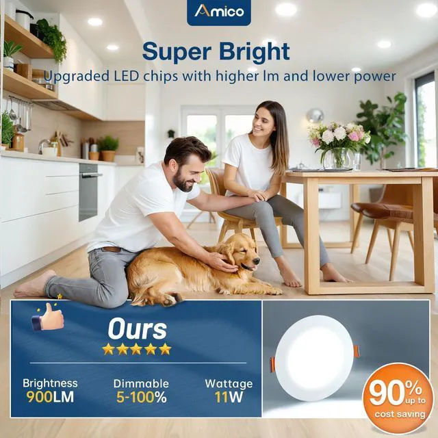 Alt view image 3 of 7 - 12 Pack 5 Inch LED Recessed Lighting, Canless Wafer Downlight, White 5CCT 2700K-5000K, 5%-100% Dimmable, Ultra-thin, Metal housing, 900LM 11W 120V, IC & Damp Rated, ETL & FCC, 50000h Life Span