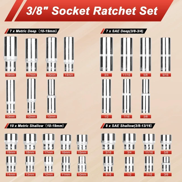 Alt view image 4 of 7 - 117 Pieces 1/4 & 3/8 inch Drive Socket Ratchet Wrench Set, Metric/SAE Size, with Bit Socket Set and Extension Bar for Auto Repairing and Household, with Storage Case