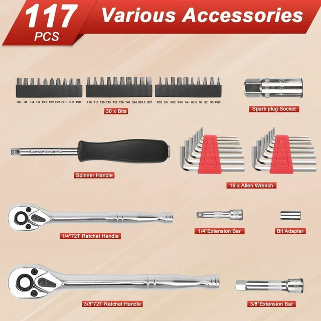 Alt view image 5 of 7 - 117 Pieces 1/4 & 3/8 inch Drive Socket Ratchet Wrench Set, Metric/SAE Size, with Bit Socket Set and Extension Bar for Auto Repairing and Household, with Storage Case