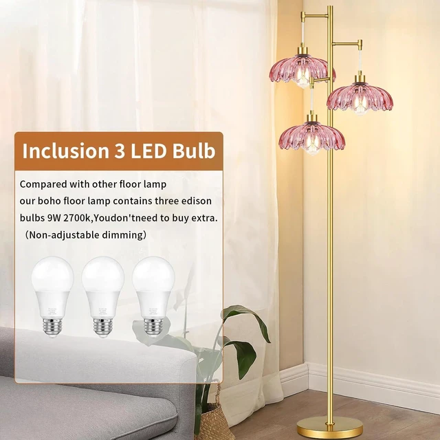Alt view image 4 of 7 - Pink Floor Lamp for Living Room,Bedroom,Gold Flower Mid Century Modern Standing Lamp Brass Tree 3 Light Tall Floor Lamps Vintage Floor Lights Glass Lamp Shade Farmhouse Boho Bohemian