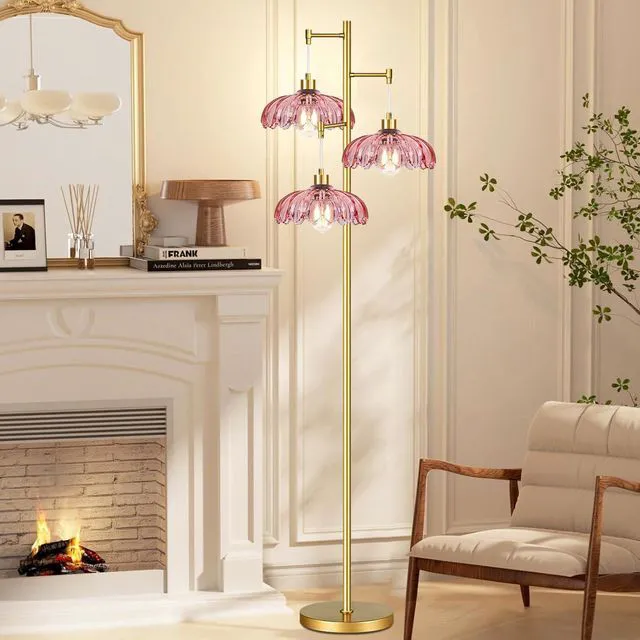 Alt view image 3 of 7 - Pink Floor Lamp for Living Room,Bedroom,Gold Flower Mid Century Modern Standing Lamp Brass Tree 3 Light Tall Floor Lamps Vintage Floor Lights Glass Lamp Shade Farmhouse Boho Bohemian