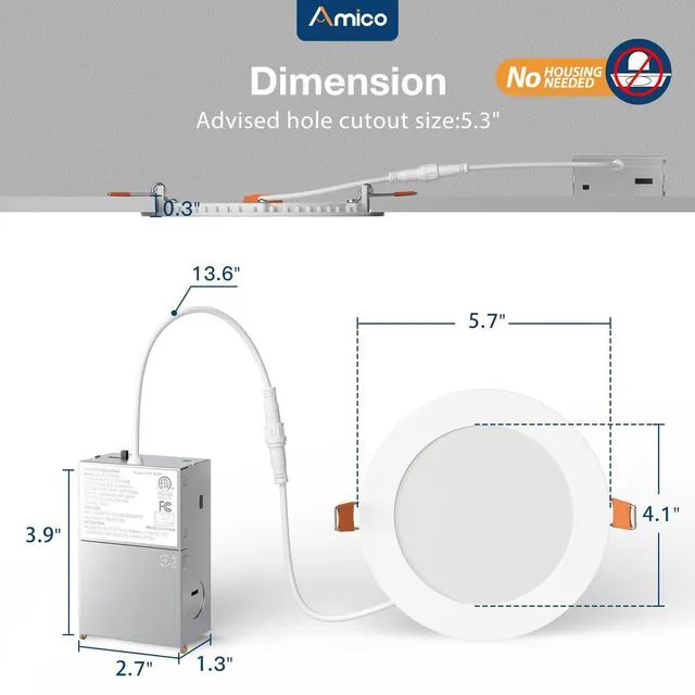 Alt view image 6 of 7 - 12 Pack 5 Inch LED Recessed Lighting, Canless Wafer Downlight, White 5CCT 2700K-5000K, 5%-100% Dimmable, Ultra-thin, Metal housing, 900LM 11W 120V, IC & Damp Rated, ETL & FCC, 50000h Life Span