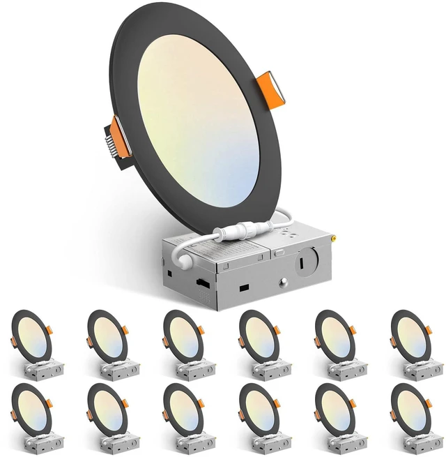 Main image of 12 Pack 6 Inch LED Recessed Lighting, Canless Wafer Downlight, Black 5CCT 2700K-5000K, 5%-100% Dimmable, Ultra-thin, Metal housing, 1050LM 12W 120V, IC & Damp Rated, ETL & FCC, 50000h Life Span