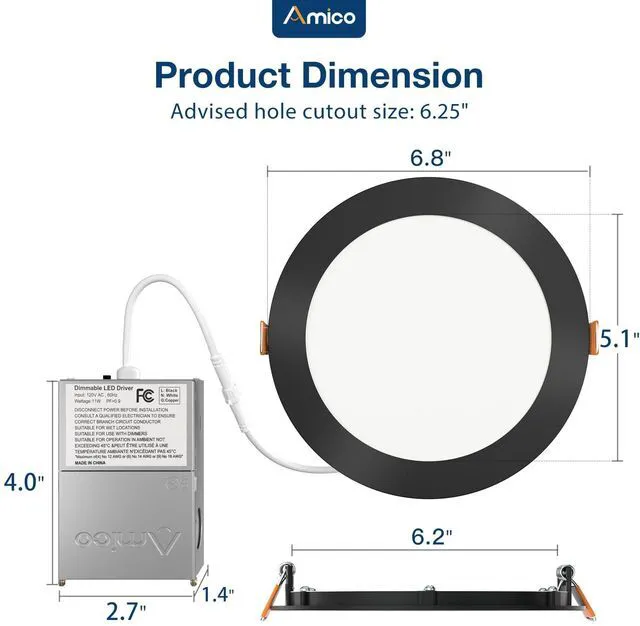Alt view image 7 of 7 - 12 Pack 6 Inch LED Recessed Lighting, Canless Wafer Downlight, Black 5CCT 2700K-5000K, 5%-100% Dimmable, Ultra-thin, Metal housing, 1050LM 12W 120V, IC & Damp Rated, ETL & FCC, 50000h Life Span