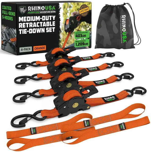 Main image of Retractable Ratchet Straps (4-Pack) - 1in x 10ft, Orange 1,209lb Break Strength, Auto Self Retracting Design. For Truck, Cargo Trailer, Motorcycle, ATV & UTV Tie Downs. Orange