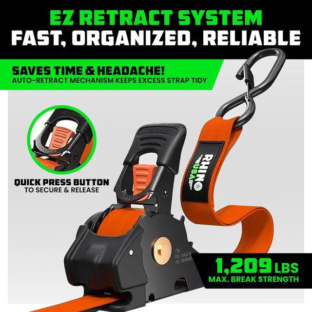 Alt view image 2 of 7 - Retractable Ratchet Straps (4-Pack) - 1in x 10ft, Orange 1,209lb Break Strength, Auto Self Retracting Design. For Truck, Cargo Trailer, Motorcycle, ATV & UTV Tie Downs. Orange