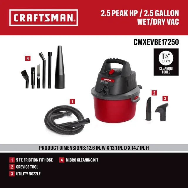 Alt view image 3 of 7 - CMXEVBE17250 2.5 Gallon 2.5 Peak HP Wet Dry Shop Vacuum Bundle Portable Wet and Dry Vac with Filter Bag, 6-Piece Micro Cleaning Kit, Hose and Attachments for Cleaning in the Home