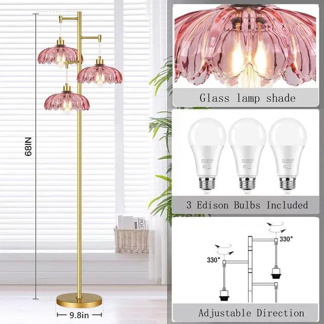 Alt view image 5 of 7 - Pink Floor Lamp for Living Room,Bedroom,Gold Flower Mid Century Modern Standing Lamp Brass Tree 3 Light Tall Floor Lamps Vintage Floor Lights Glass Lamp Shade Farmhouse Boho Bohemian