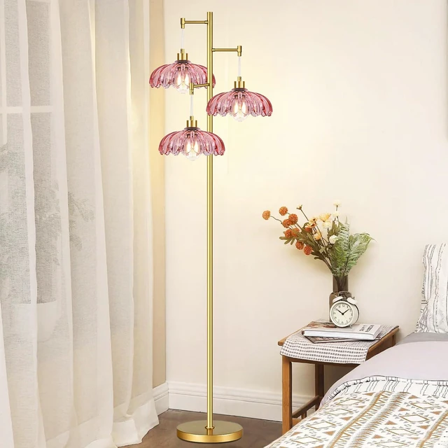 Alt view image 6 of 7 - Pink Floor Lamp for Living Room,Bedroom,Gold Flower Mid Century Modern Standing Lamp Brass Tree 3 Light Tall Floor Lamps Vintage Floor Lights Glass Lamp Shade Farmhouse Boho Bohemian