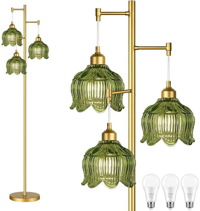 Main image of Glass Floor Lamp for Living Room,Bedroom,Gold Mid Century Modern Standing Lamp Brass Tree 3 Light Tall Floor Lamps Vintage Retro Floor Lights Green Flower Lamp Shade Farmhouse Boho Bohemian