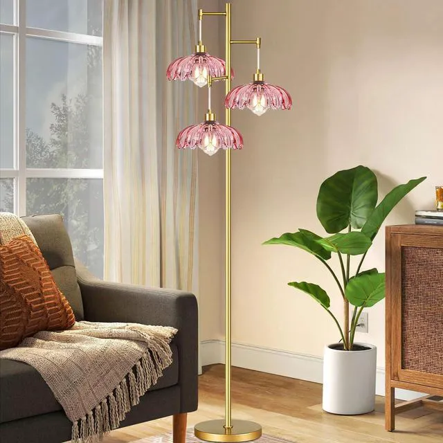 Alt view image 7 of 7 - Pink Floor Lamp for Living Room,Bedroom,Gold Flower Mid Century Modern Standing Lamp Brass Tree 3 Light Tall Floor Lamps Vintage Floor Lights Glass Lamp Shade Farmhouse Boho Bohemian