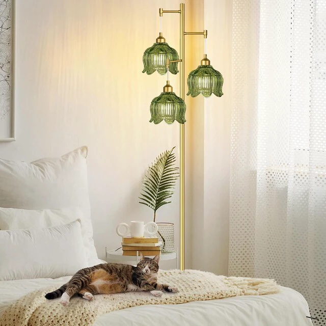 Alt view image 3 of 7 - Glass Floor Lamp for Living Room,Bedroom,Gold Mid Century Modern Standing Lamp Brass Tree 3 Light Tall Floor Lamps Vintage Retro Floor Lights Green Flower Lamp Shade Farmhouse Boho Bohemian