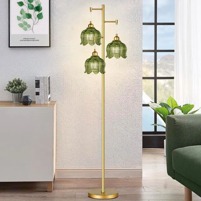 Alt view image 7 of 7 - Glass Floor Lamp for Living Room,Bedroom,Gold Mid Century Modern Standing Lamp Brass Tree 3 Light Tall Floor Lamps Vintage Retro Floor Lights Green Flower Lamp Shade Farmhouse Boho Bohemian