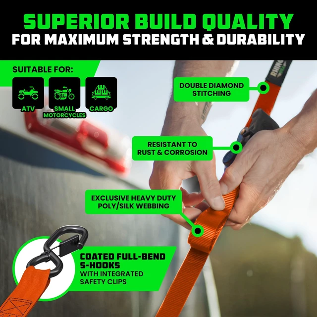 Alt view image 3 of 7 - Retractable Ratchet Straps (4-Pack) - 1in x 10ft, Orange 1,209lb Break Strength, Auto Self Retracting Design. For Truck, Cargo Trailer, Motorcycle, ATV & UTV Tie Downs. Orange