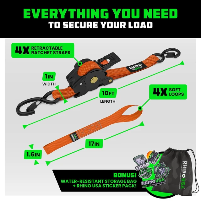 Alt view image 5 of 7 - Retractable Ratchet Straps (4-Pack) - 1in x 10ft, Orange 1,209lb Break Strength, Auto Self Retracting Design. For Truck, Cargo Trailer, Motorcycle, ATV & UTV Tie Downs. Orange
