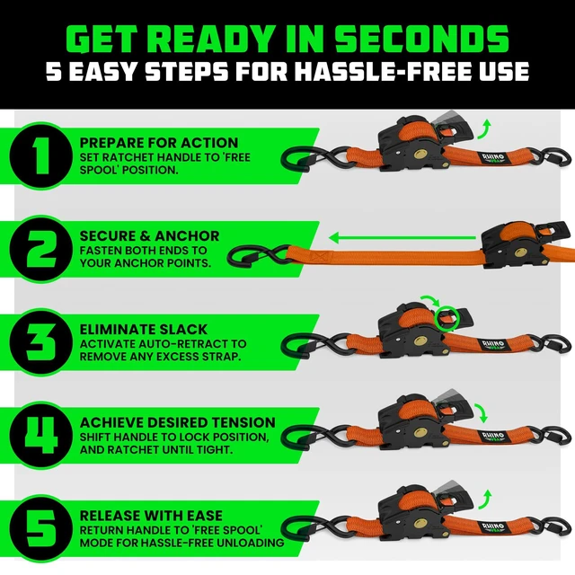 Alt view image 6 of 7 - Retractable Ratchet Straps (4-Pack) - 1in x 10ft, Orange 1,209lb Break Strength, Auto Self Retracting Design. For Truck, Cargo Trailer, Motorcycle, ATV & UTV Tie Downs. Orange