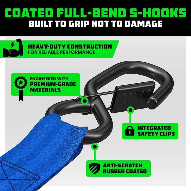 Alt view image 4 of 7 - Retractable Ratchet Straps (4-Pack) - 1in x 10ft, Blue 1,209lb Break Strength, Auto Self Retracting Design. For Truck, Cargo Trailer, Motorcycle, ATV & UTV Tie Downs. Blue