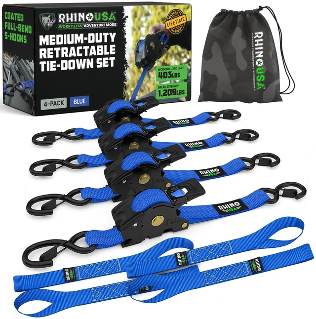 Main image of Retractable Ratchet Straps (4-Pack) - 1in x 10ft, Blue 1,209lb Break Strength, Auto Self Retracting Design. For Truck, Cargo Trailer, Motorcycle, ATV & UTV Tie Downs. Blue