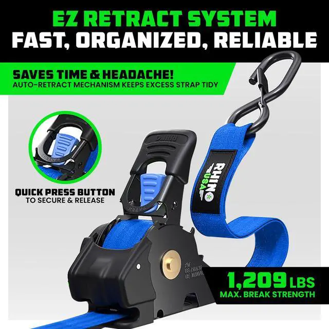 Alt view image 2 of 7 - Retractable Ratchet Straps (4-Pack) - 1in x 10ft, Blue 1,209lb Break Strength, Auto Self Retracting Design. For Truck, Cargo Trailer, Motorcycle, ATV & UTV Tie Downs. Blue